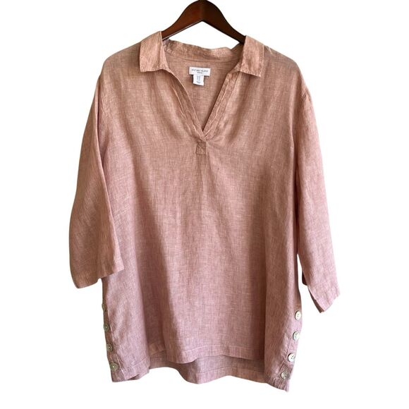Antibes Blanc Womens Linen Popover Top Size 1X Lagenlook Collared Coastal Beachy - Picture 1 of 10